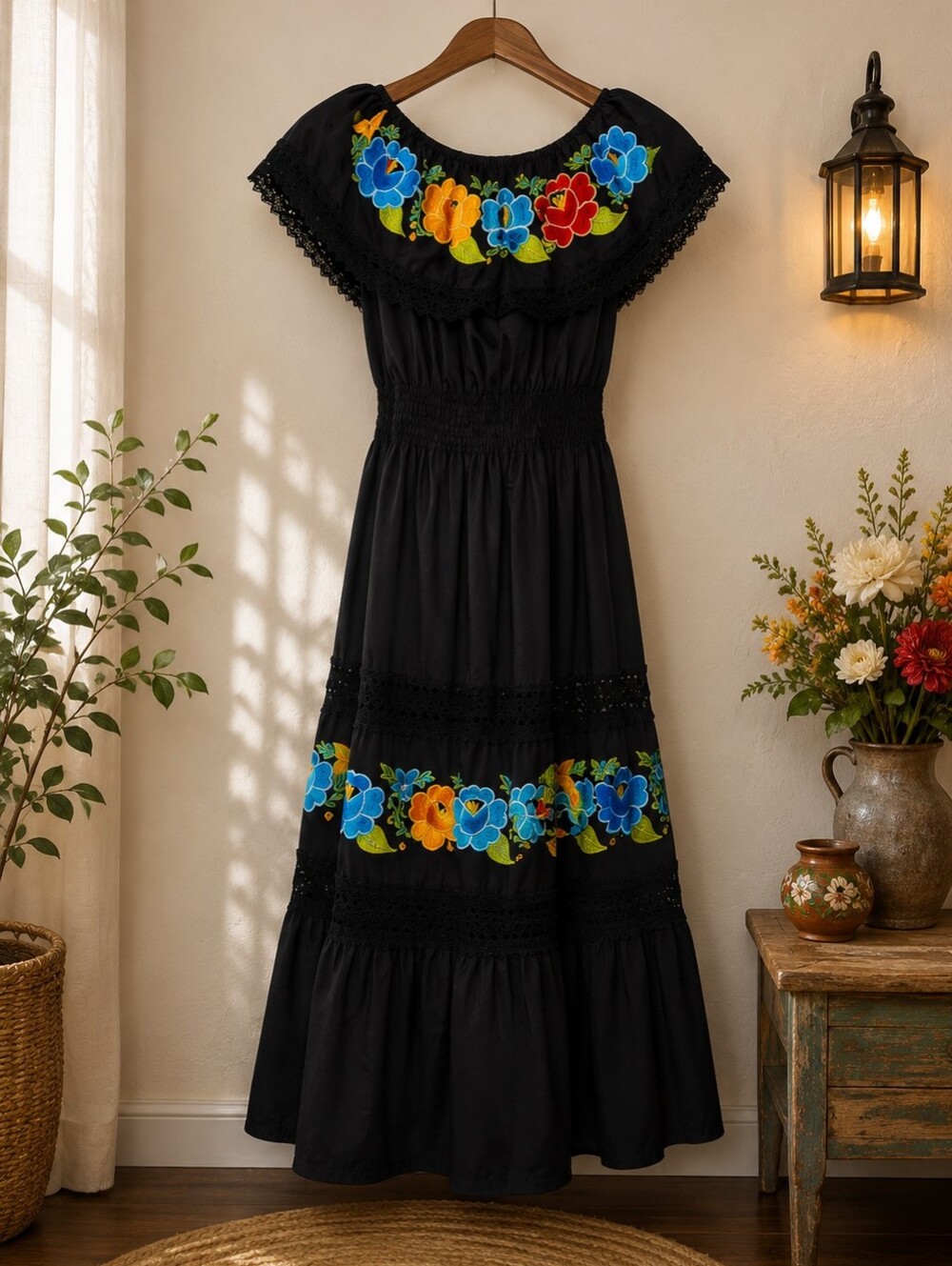 Black Maxi Dress with Colorful Floral Accents